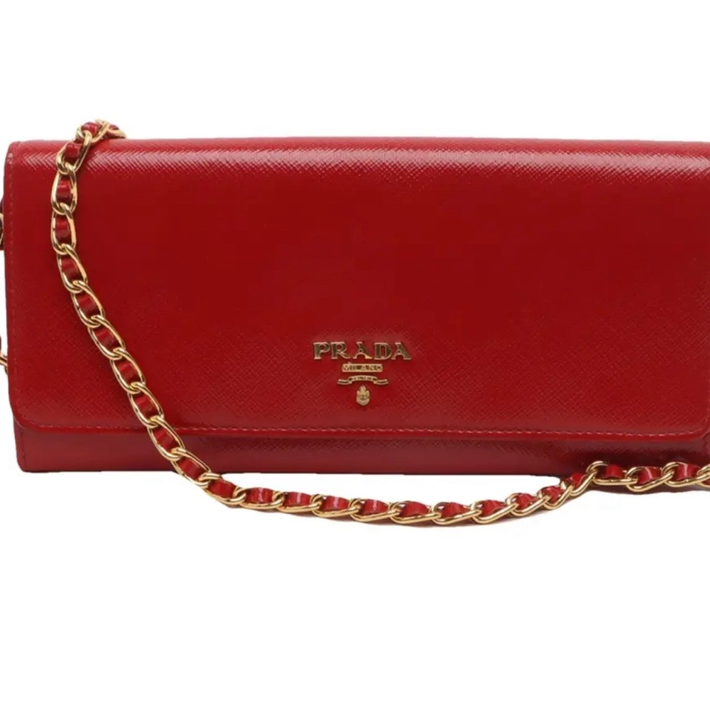 Prada Red Leather Clutch with Gold Chain